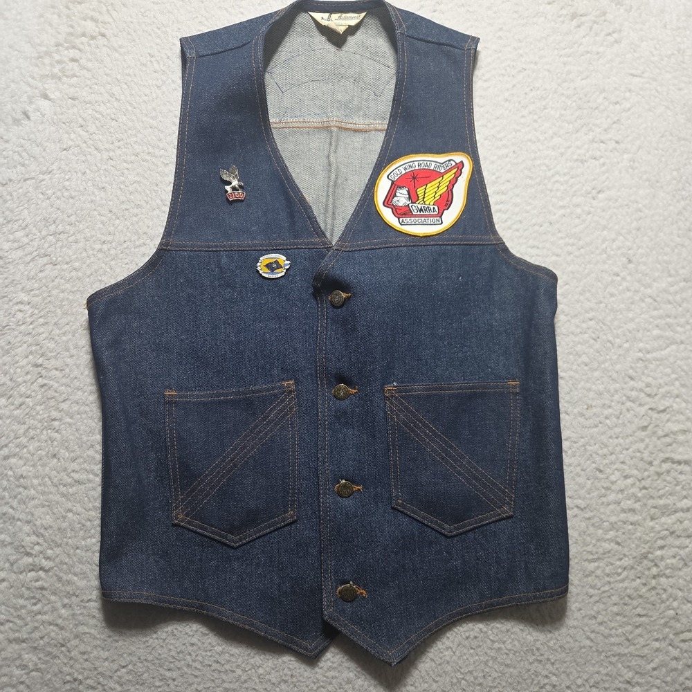Vintage Honda 80s Action Wear Denim Vest Mens‎ Size Medium Gold Wing Road Riders